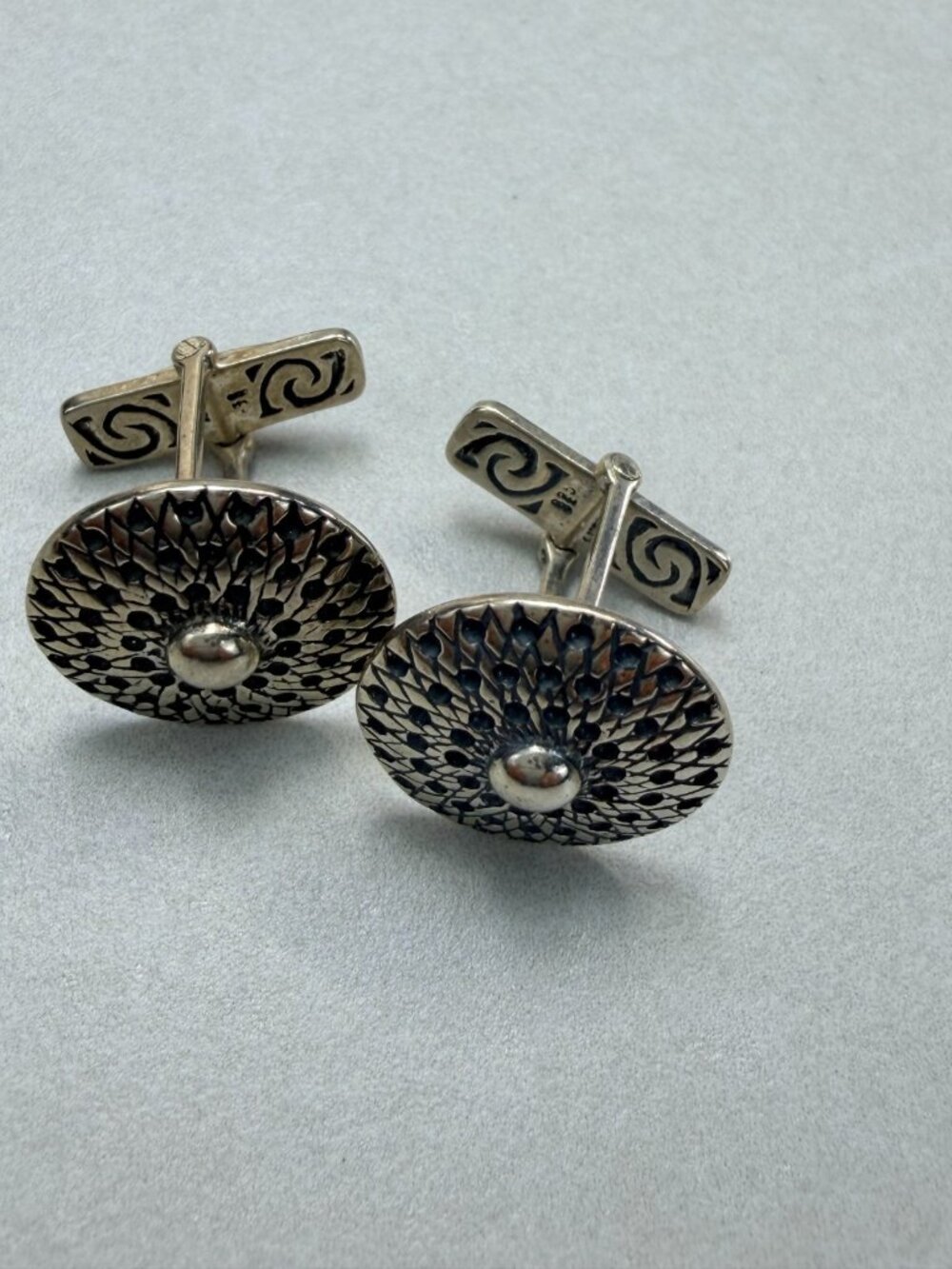 Sterling Silver Modernist Textured Round Cufflinks Signed 925